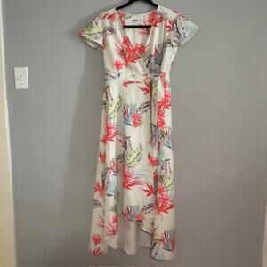 Bollie XS Tropical Floral Print Maxi Wrap Dress Flutter Sleeve